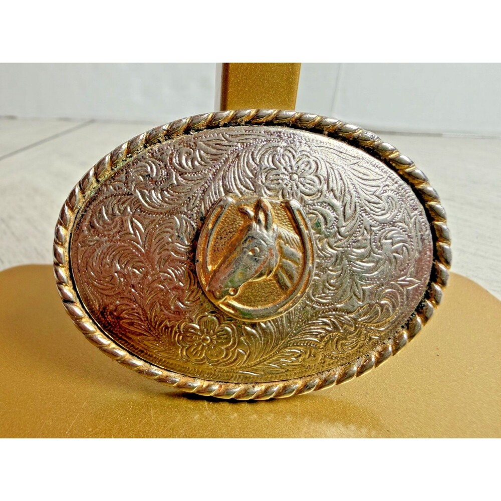 Vintage Western Horse Head Horseshoe Oval Belt Buckle Two Tone Rodeo Cowboy SW